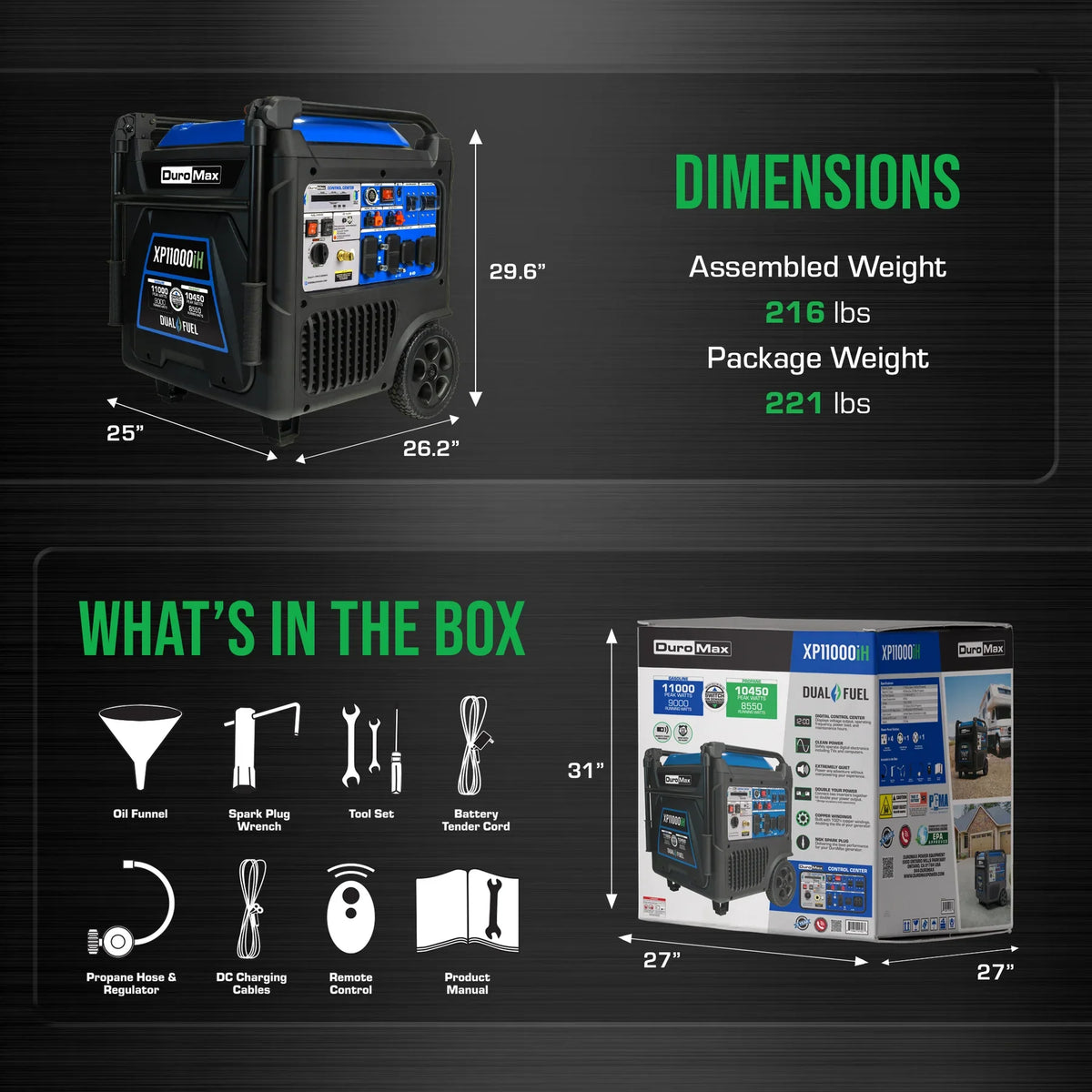 DuroMax XP11000iH 9000W/11000W Dual Fuel Generator Gas Propane Remote Start Inverter CO Alert New