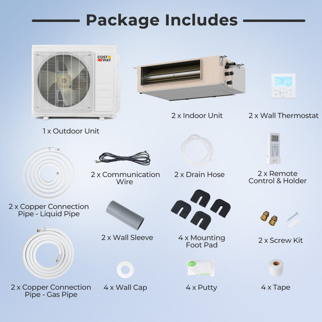 Costway X-Pro 18000 BTU 2 Zone 24 SEER2 Concealed Ducted Mini Split AC 50035405 New
