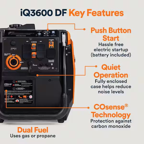 Generac iQ3600 DF 8151 2800W/3600W Generator Dual Fuel Gas Propane Inverter COSense Electric Start RFB