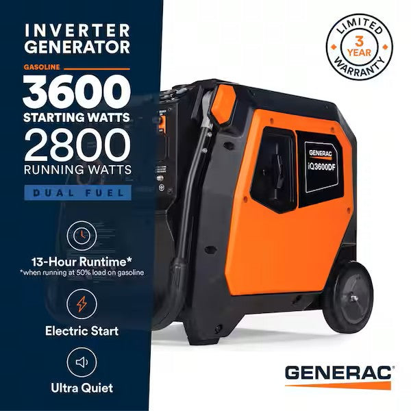 Generac iQ3600 DF 8151 2800W/3600W Generator Dual Fuel Gas Propane Inverter COSense Electric Start RFB