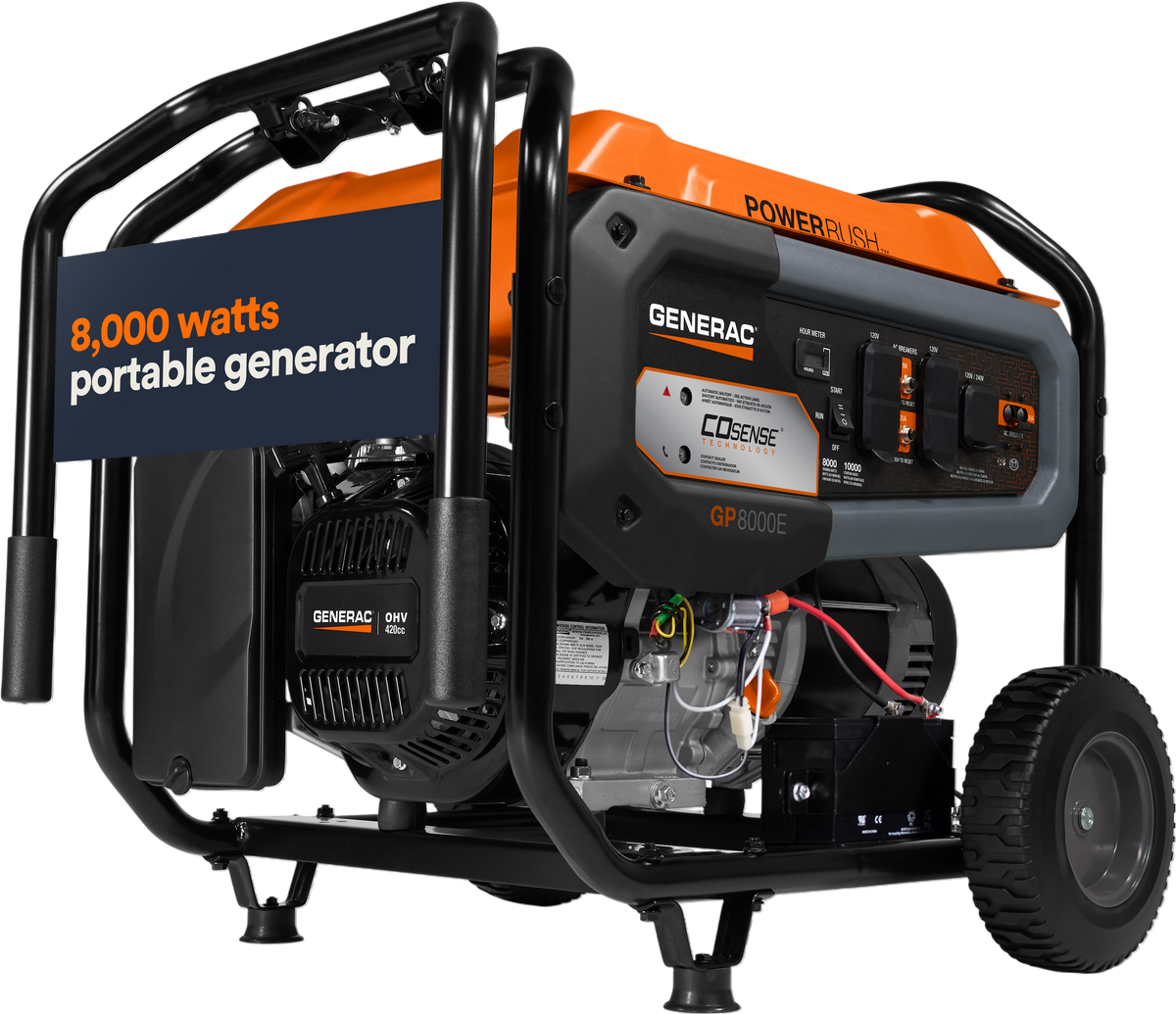 Generac GP8000E 8000W/10,000W Generator Gas PowerRush with CO Sense Electric Start 7715 RFB