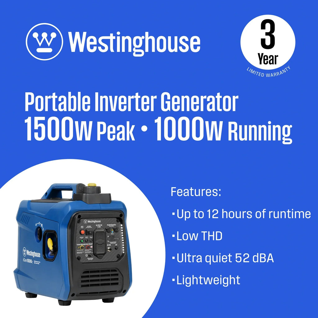 Westinghouse iGen1500c Inverter Generator 1000W/1500W 15 Amp Recoil Start Gas New