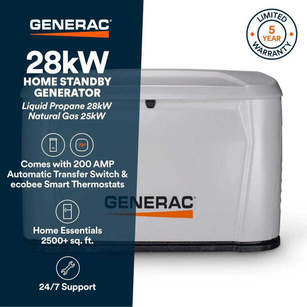 Generac 7329 28kW Standby Generator Propane Natural Gas 1 Phase 240V w/ 200A Automatic Transfer Switch New