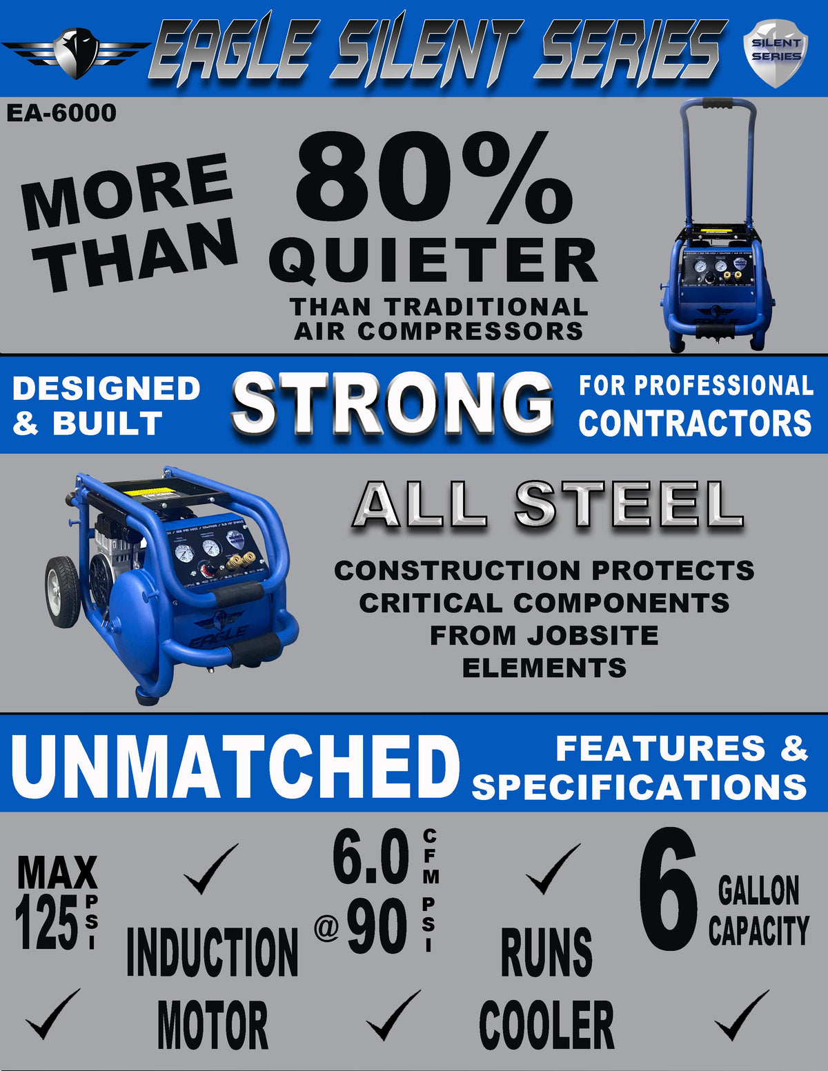 Eagle EA-6000 Air Compressor Silent Series 6 Gallon 125 PSI Max 2.5 HP 115V New