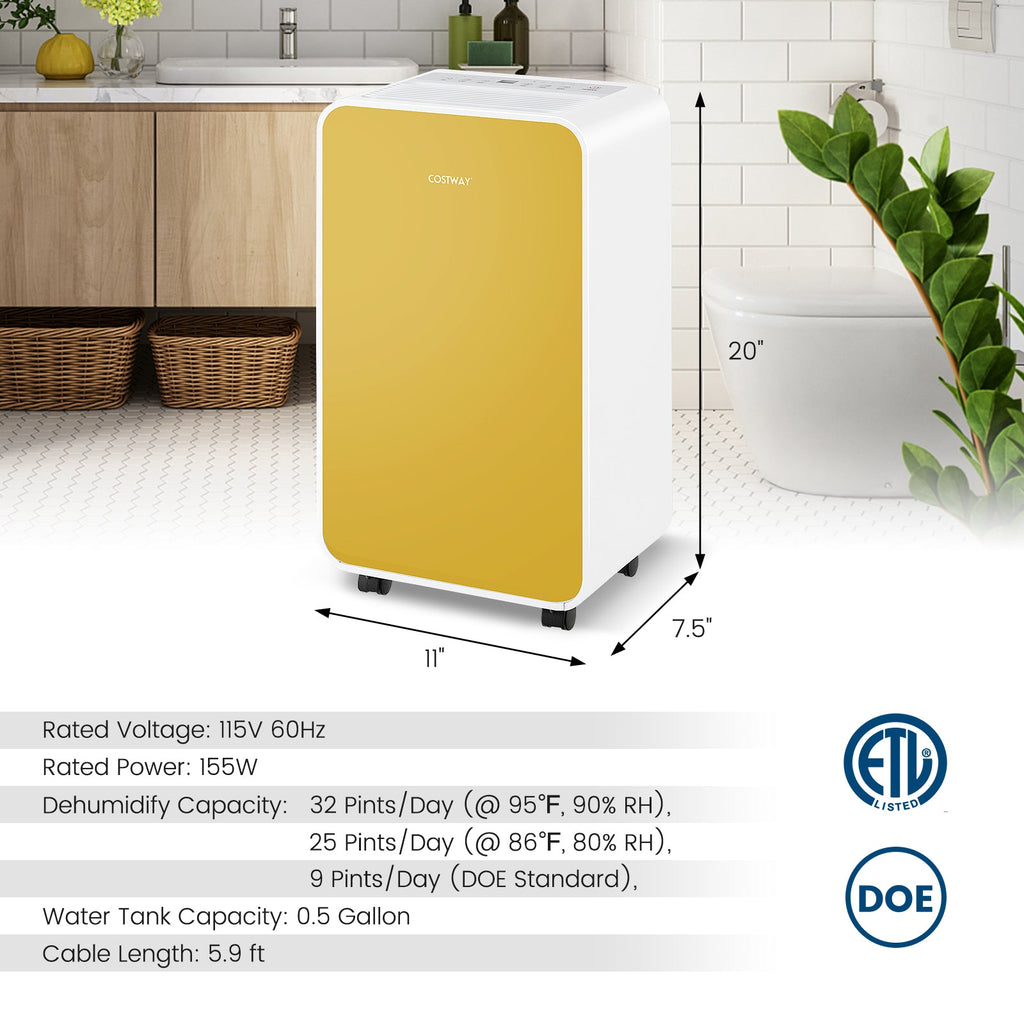 Costway 32 Pint/Day Portable Quiet Dehumidifier for Rooms up to 2500 Sq Ft 93842651 New