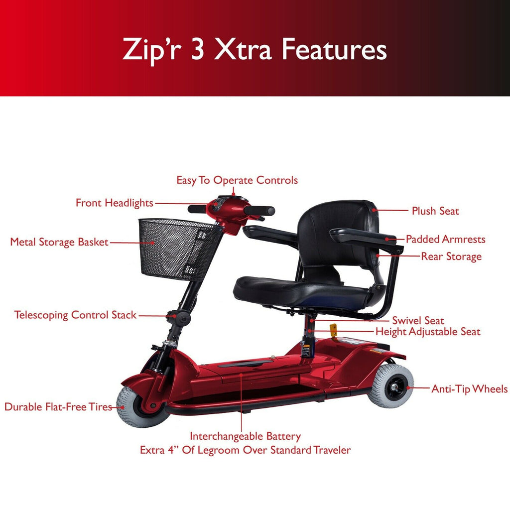 Zip'r 3 XTRA Mobility Scooter 3 Wheel 265 lbs. Capacity 24V 12 Miles 4.25MPH TSA Approved Red New