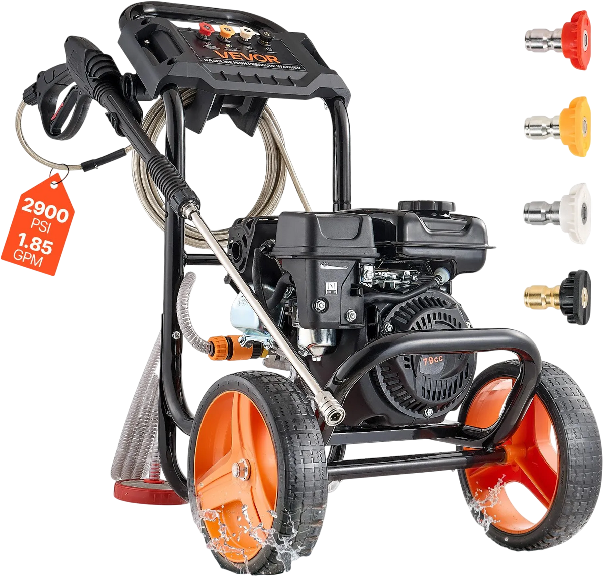 Vevor Gas Pressure Washer 2900 PSI 1.85 GPM with Spray Gun 4 Nozzle Set 10" Wheels New