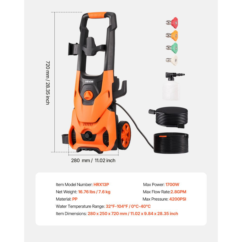 Vevor Electric Pressure Washer 4200 PSI 2.8 GPM Foam Cannon Nozzles New