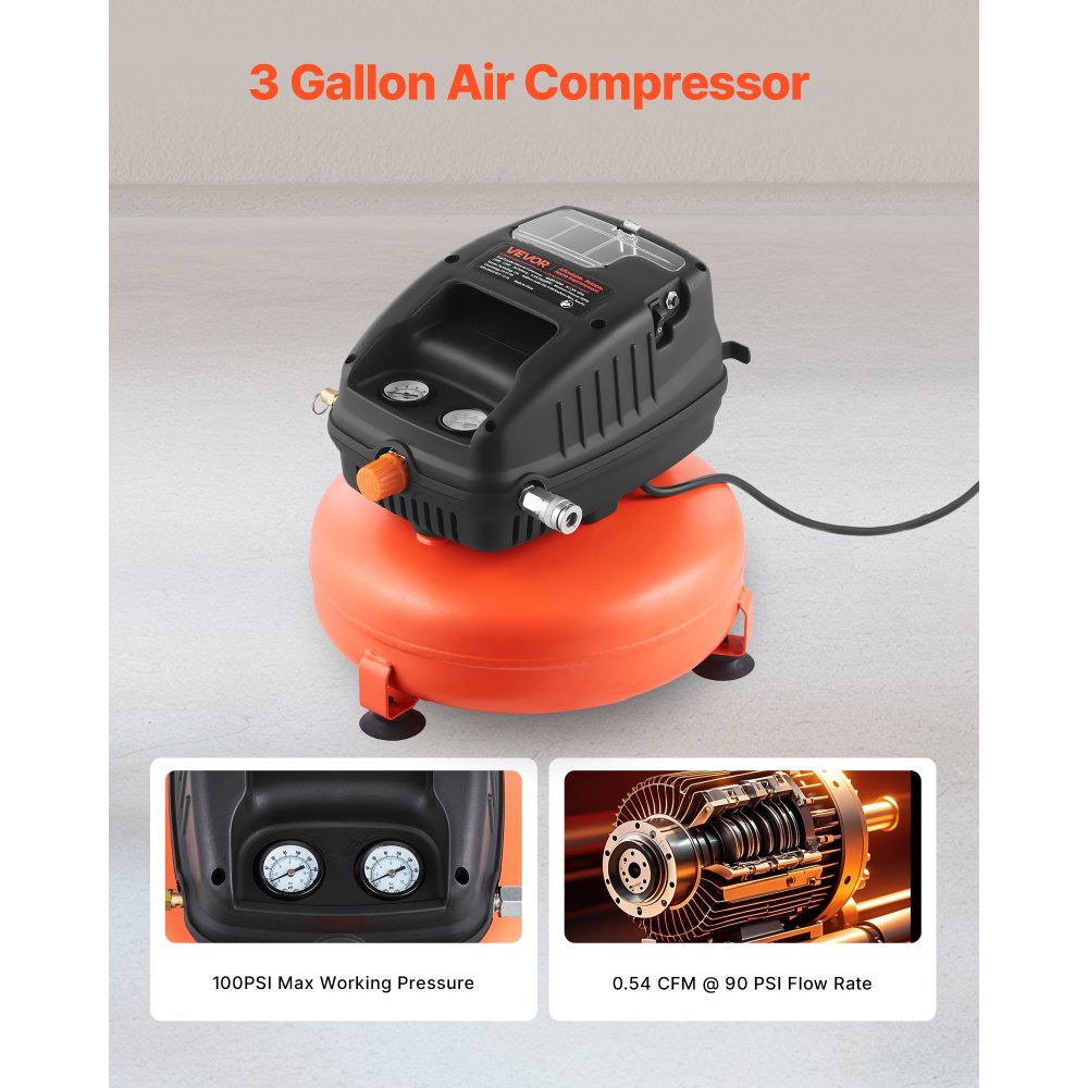 Vevor Air Compressor 3 Gal Portable Pancake Oil-Free 1/3 HP 100 PSI New