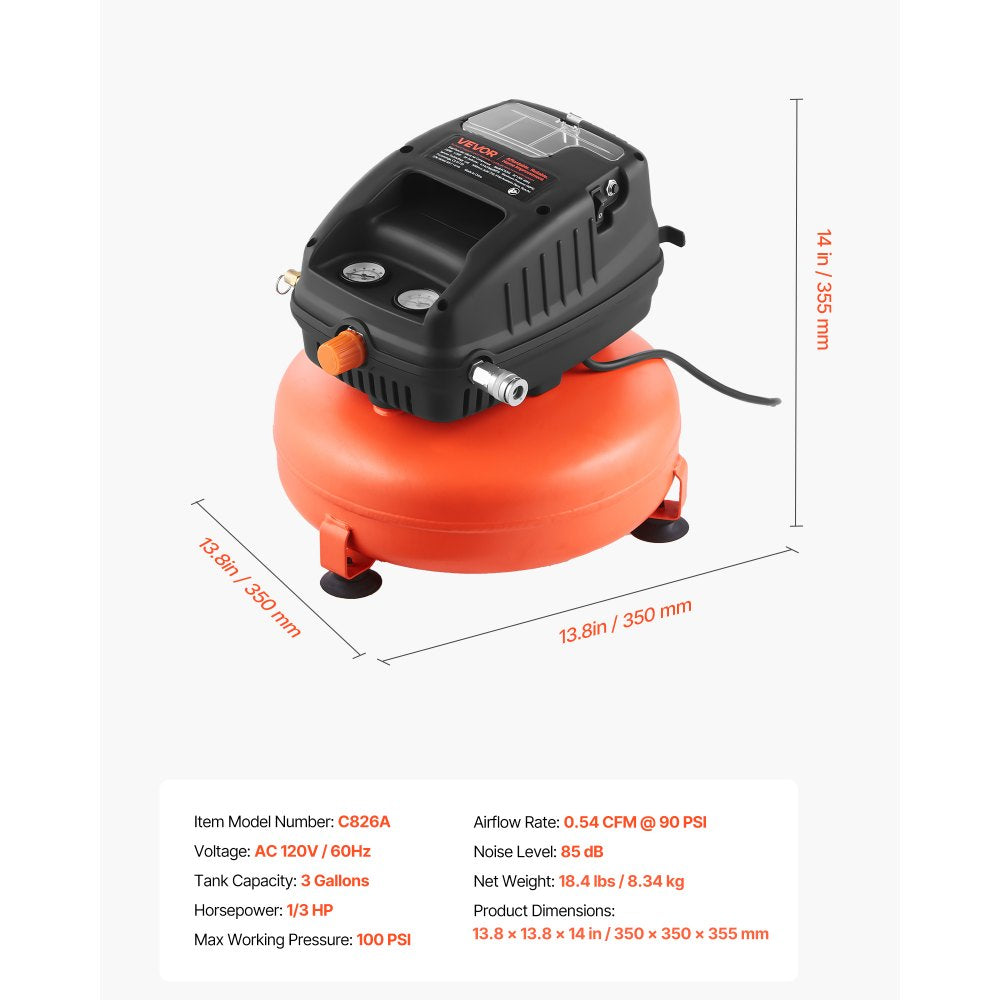 Vevor Air Compressor 3 Gal Portable Pancake Oil-Free 1/3 HP 100 PSI New