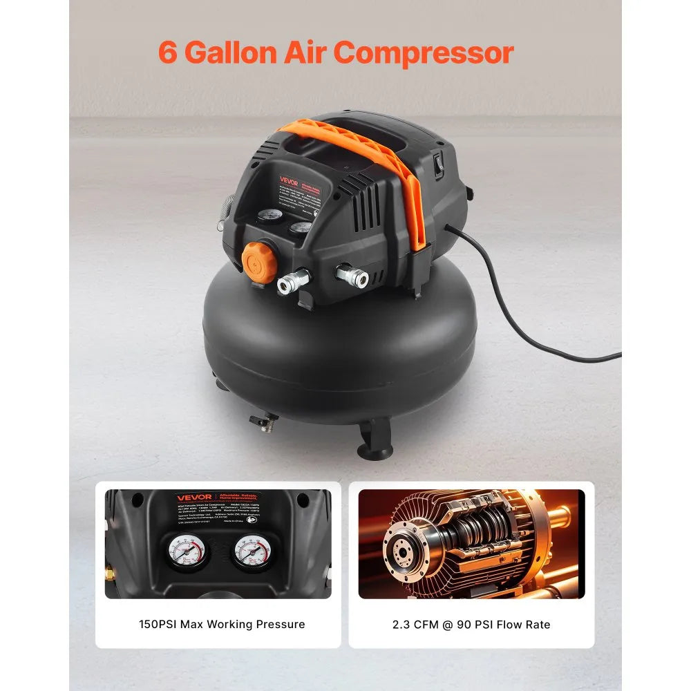 Vevor Air Compressor 6 Gallon 1.7 HP Portable Pancake Oil-Free 150 PSI New