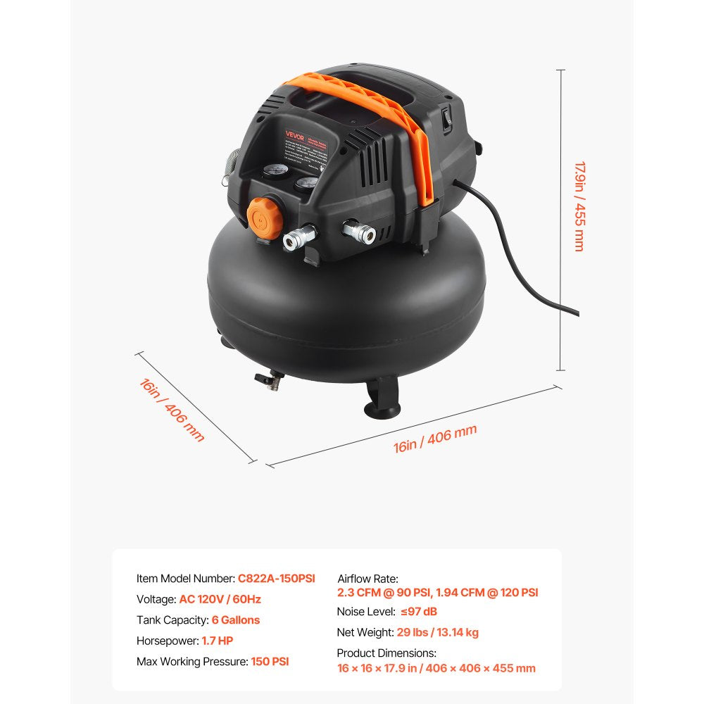 Vevor Air Compressor 6 Gallon 1.7 HP Portable Pancake Oil-Free 150 PSI New