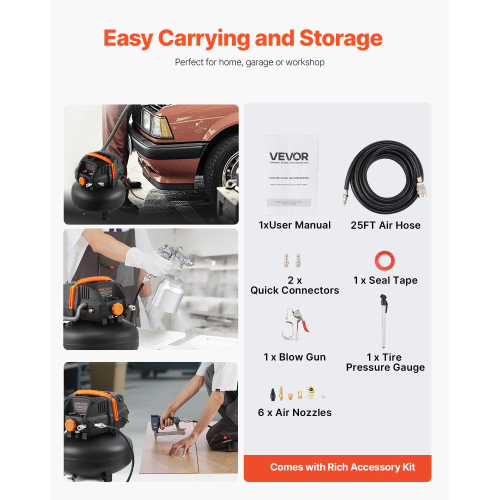 Vevor Air Compressor 150 PSI 6 Gallon Portable Pancake with 12-Piece Accessory Kit New