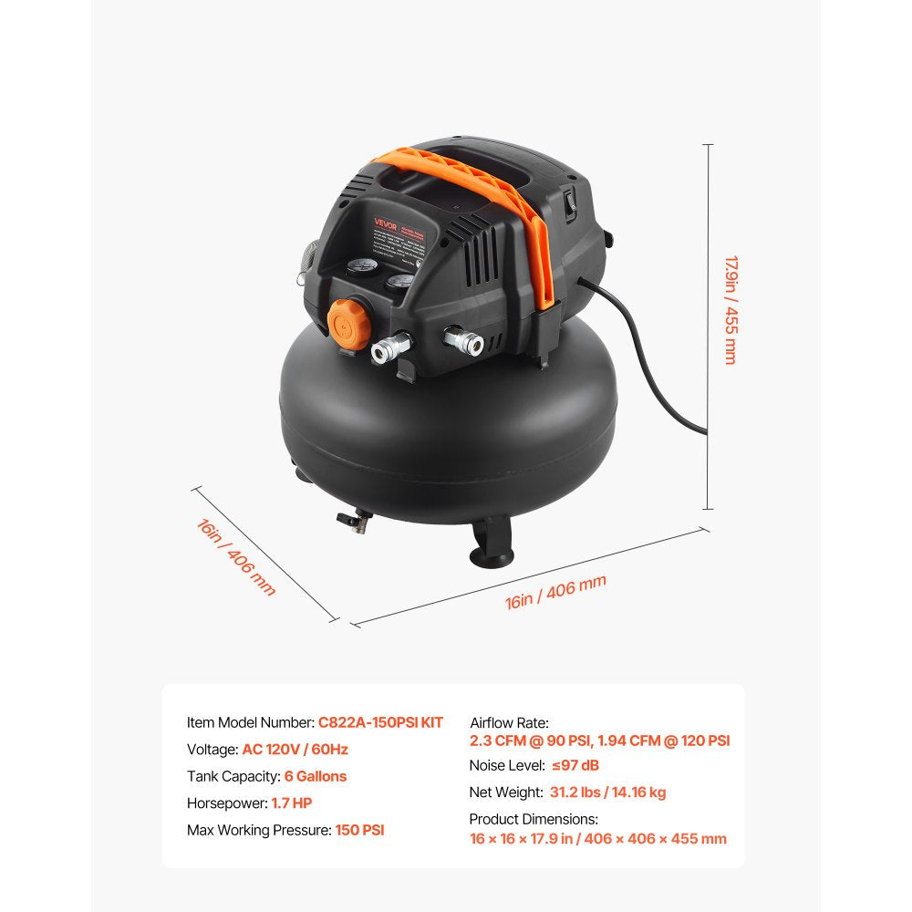 Vevor Air Compressor 150 PSI 6 Gallon Portable Pancake with 12-Piece Accessory Kit New
