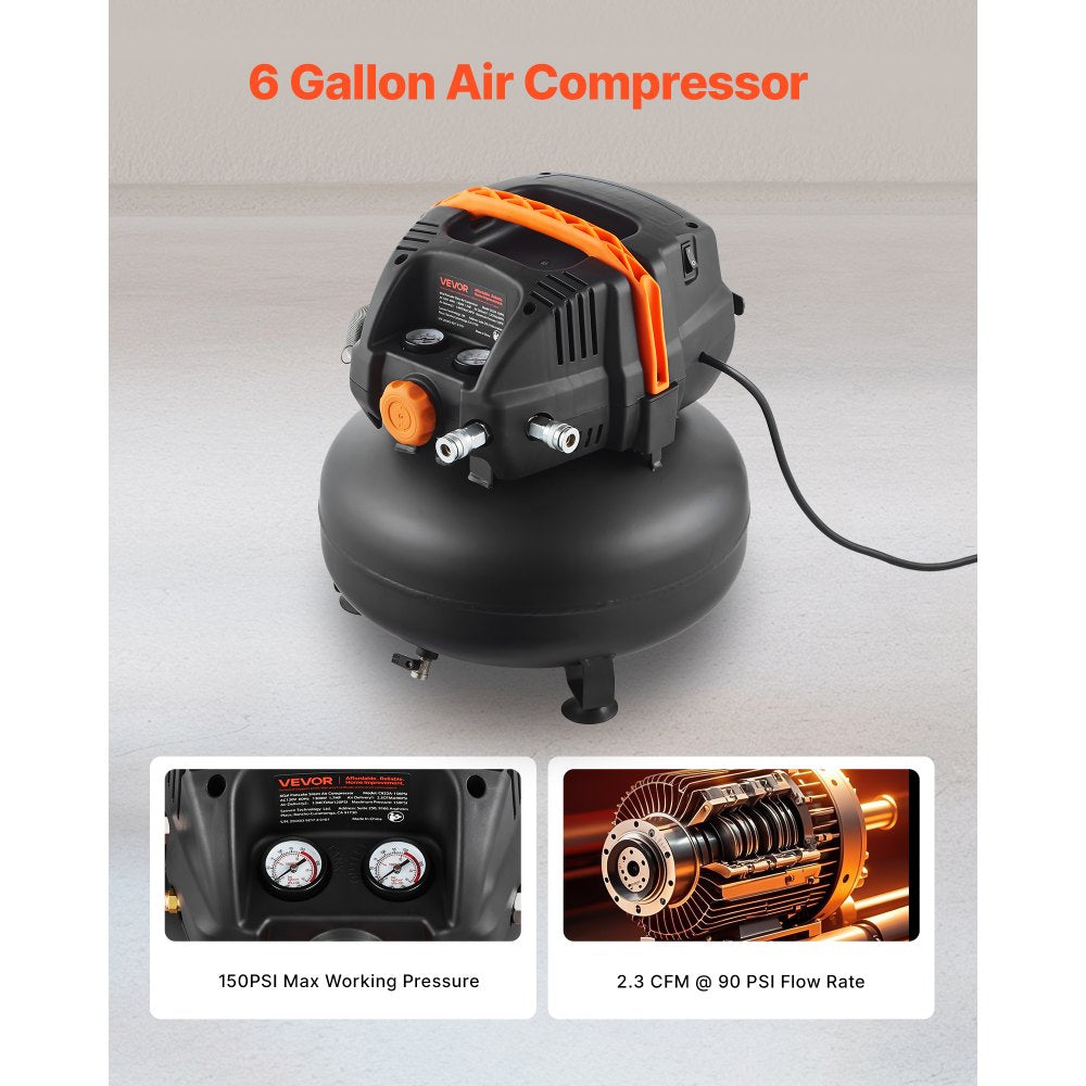 Vevor Air Compressor 6 Gallon 150 PSI Portable Pancake with 12-Piece Accessory Kit New