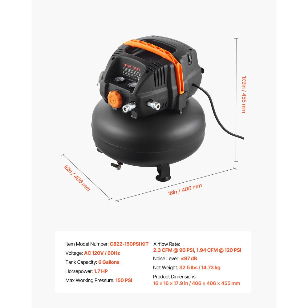 Vevor Air Compressor 6 Gallon 150 PSI Portable Pancake with 12-Piece Accessory Kit New