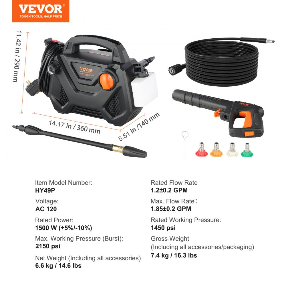 Vevor Pressure Washer 2150 PSI 1.85 GPM Electric Foam Cannon Portable Cleaner New