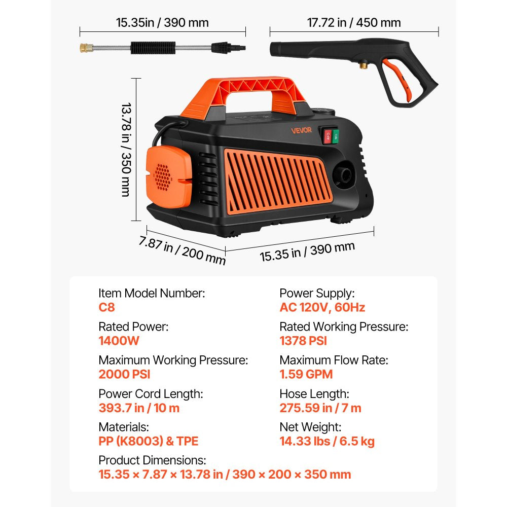 Vevor Electric Pressure Washer 2000 PSI 1.59 GPM Portable Power Washer New