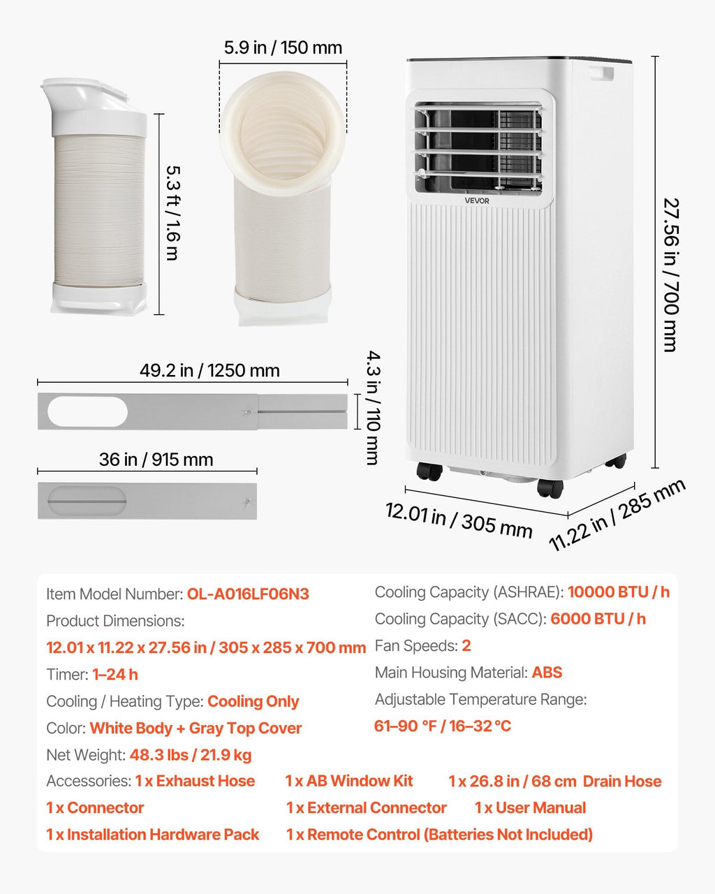 Vevor Portable Air Conditioner 10,000 BTU with LED Touch Panel Remote Control New