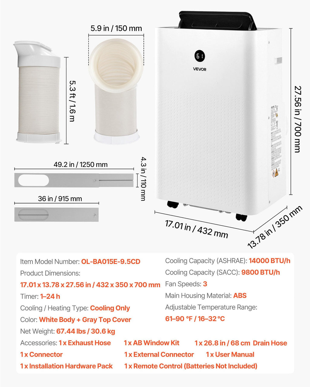 Vevor Portable Air Conditioner 14,000 BTU with LED Touch Panel Remote Control New