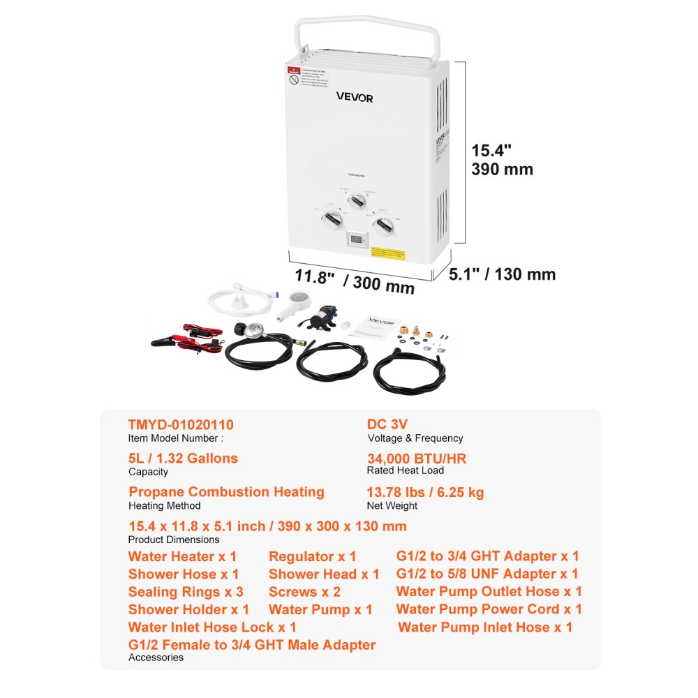 Vevor Water Heater Portable Propane Tankless 5L 1.32 GPM for RV Camping New