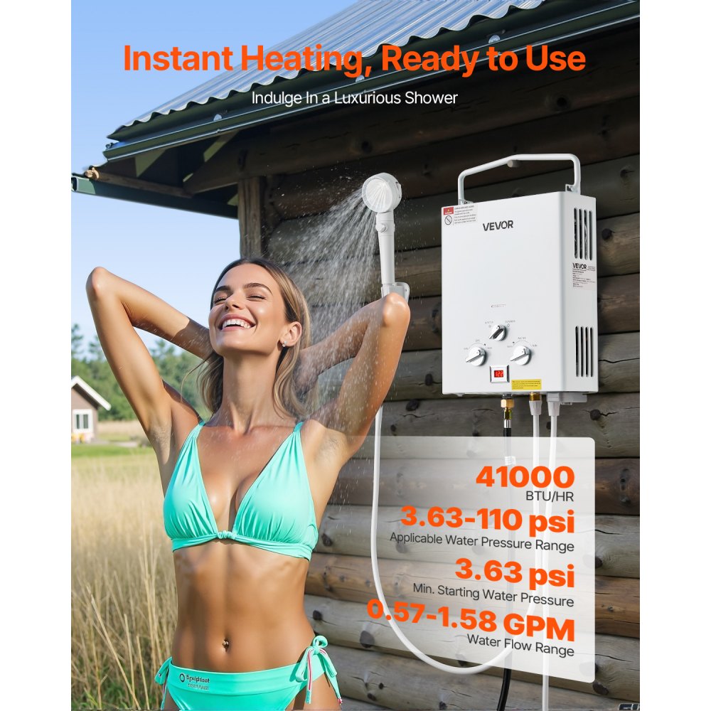 Vevor Water Heater Portable Propane Tankless 6L 41,000 BTU 1.58 GPM New