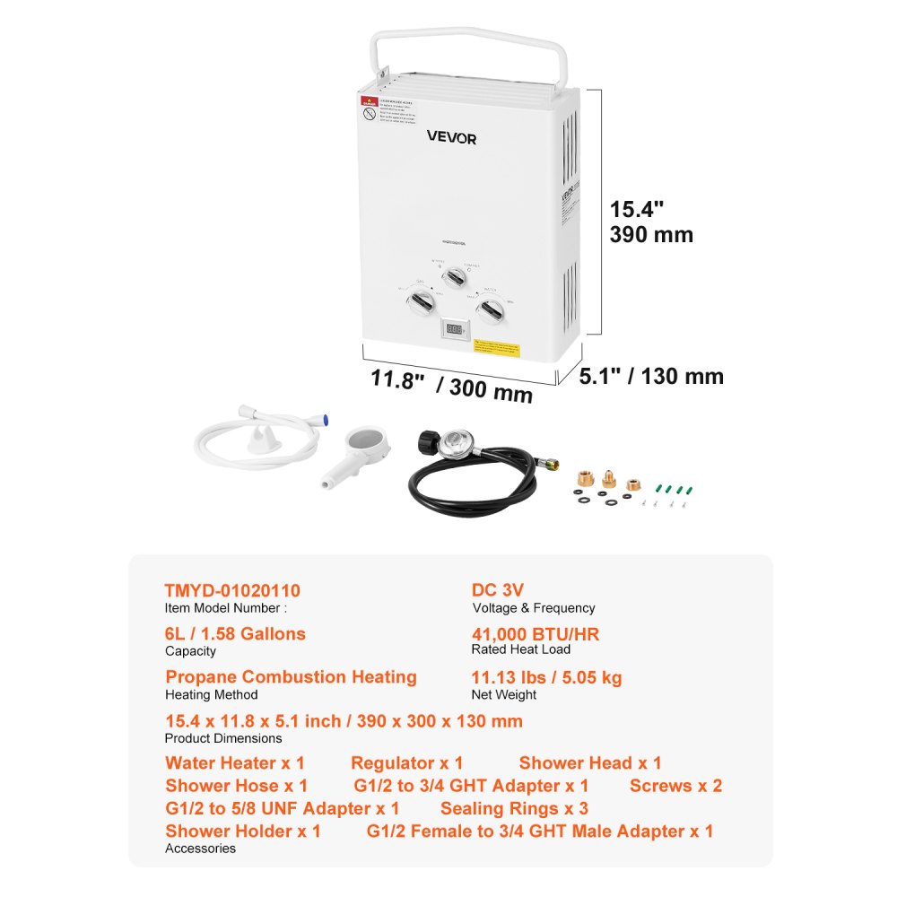 Vevor Water Heater Portable Propane Tankless 6L 41,000 BTU 1.58 GPM New