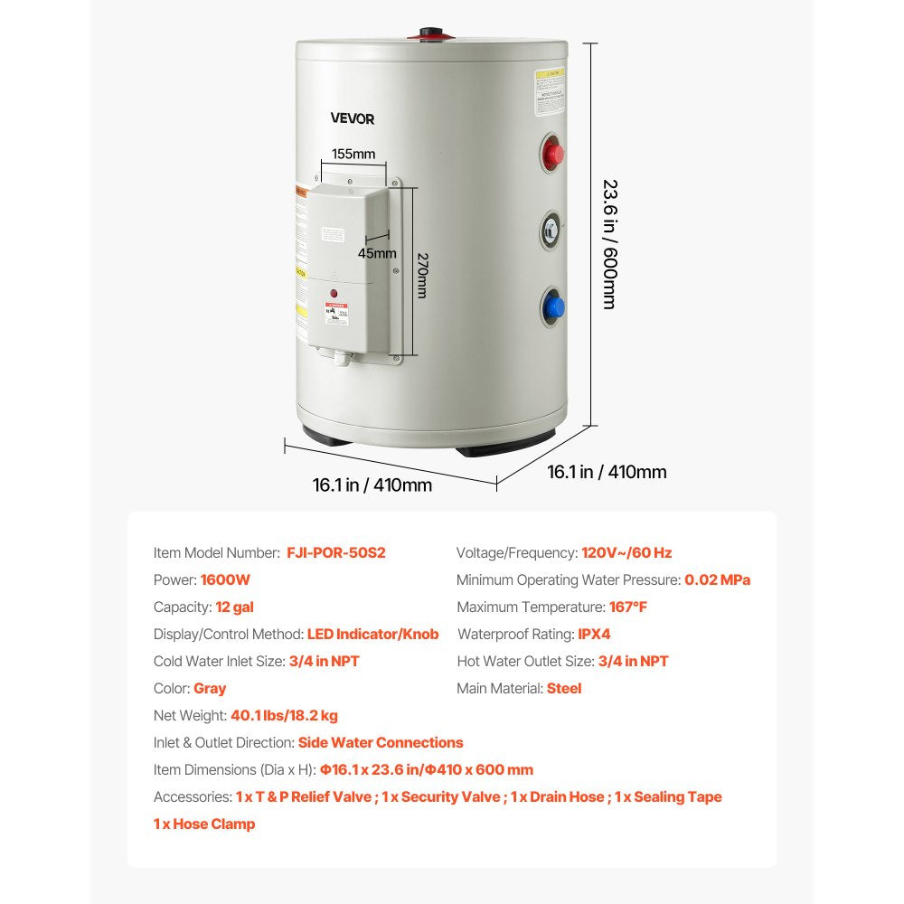 Vevor Electric Water Heater 12 Gal. Tank Point-of-Use 1600W 120V New