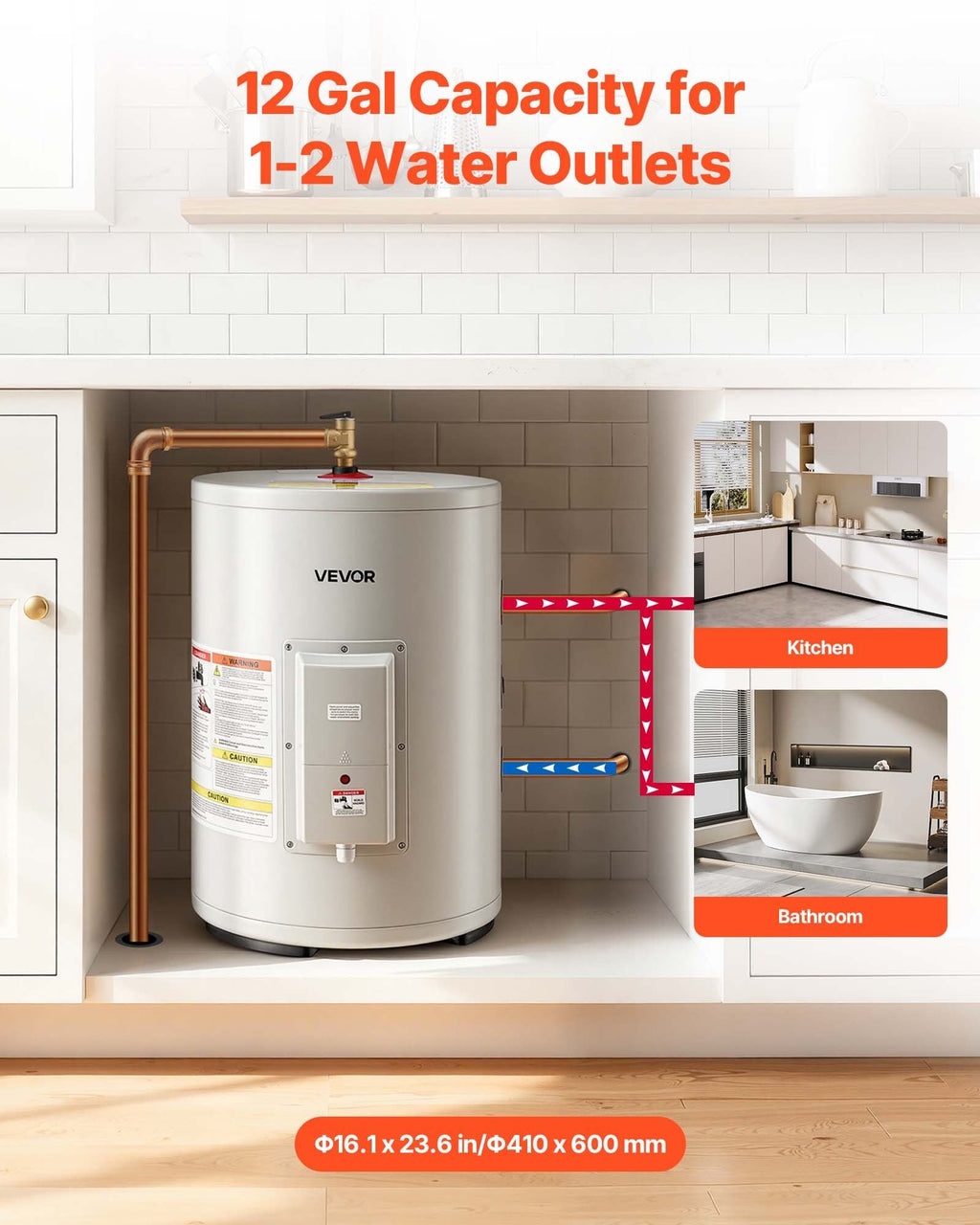 Vevor Electric Water Heater 12 Gal. Tank Point-of-Use 1600W 120V New