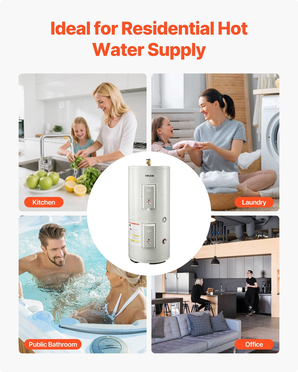 Vevor Electric Water Heater 30 Gal. Tank 5000W 240V Fits 3-4 Water Outlets New
