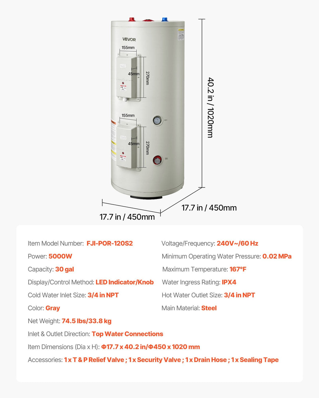 Vevor Electric Water Heater 30 Gal. Tank 5000W 240V Fits 3-4 Water Outlets New