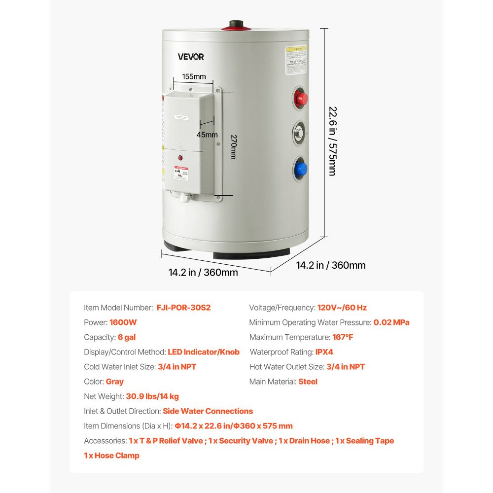 Vevor Electric Water Heater 6 Gal. Tank Point-of-Use 1800W 120V New