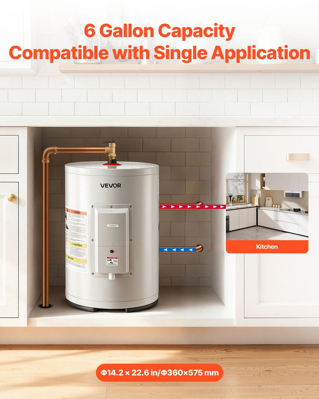 Vevor Electric Water Heater 6 Gal. Tank Point-of-Use 1800W 120V New