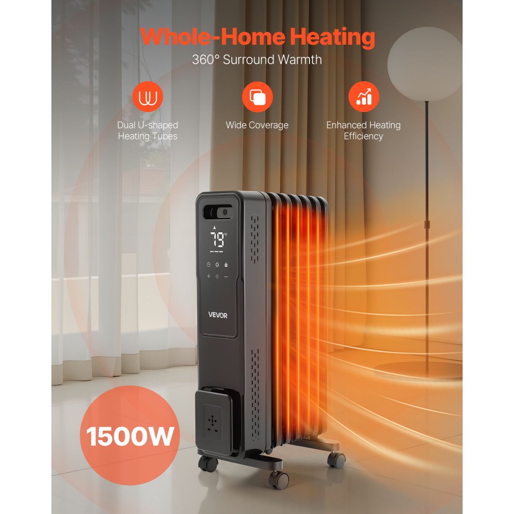Vevor Oil Filled Radiator 1500W Radiant Space Heater with Remote Control Black New
