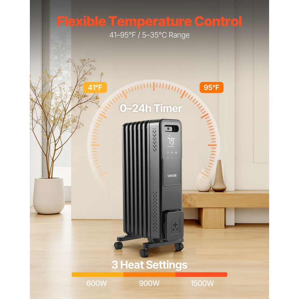 Vevor Oil Filled Radiator 1500W Radiant Space Heater with Remote Control Black New