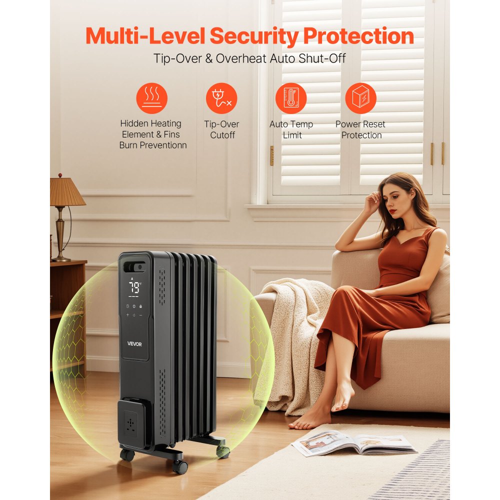 Vevor Oil Filled Radiator 1500W Radiant Space Heater with Remote Control Black New