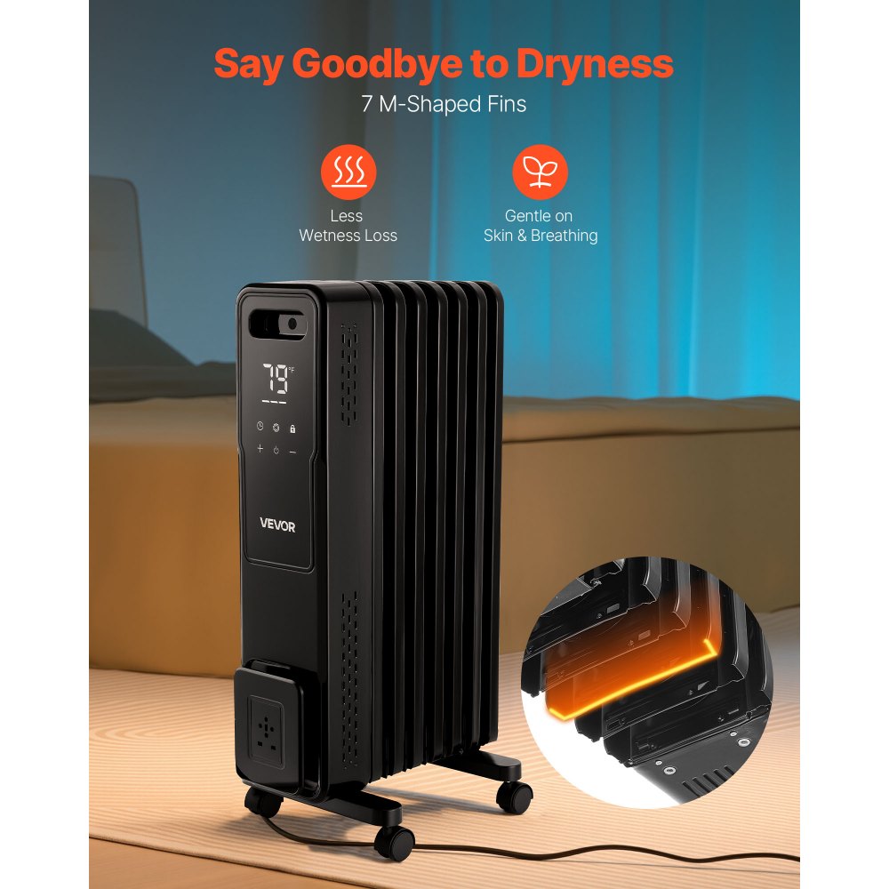 Vevor Oil Filled Radiator 1500W Radiant Space Heater with Remote Control Black New