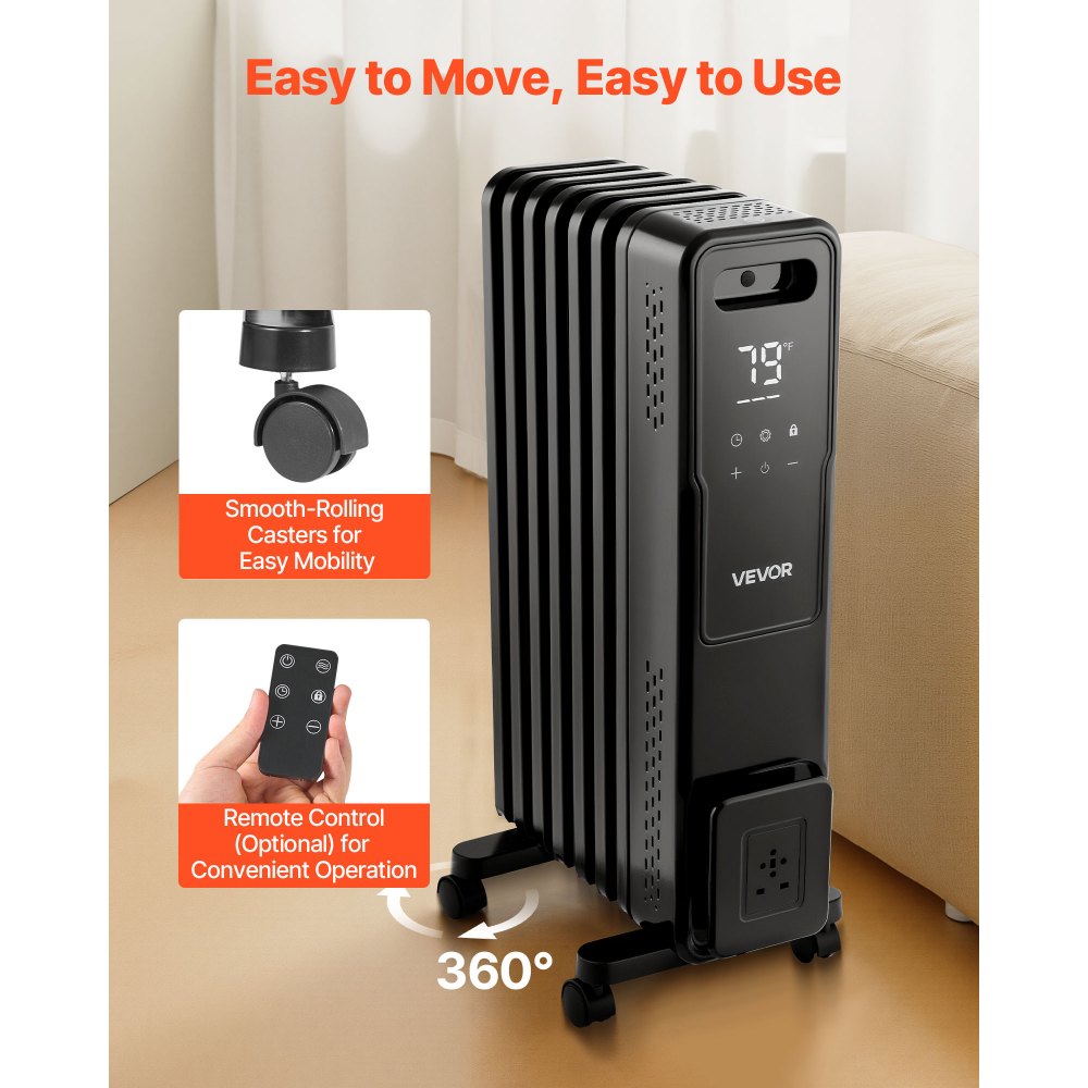 Vevor Oil Filled Radiator 1500W Radiant Space Heater with Remote Control Black New