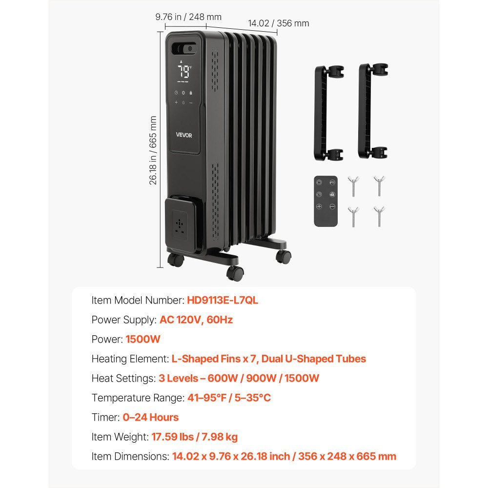 Vevor Oil Filled Radiator 1500W Radiant Space Heater with Remote Control Black New