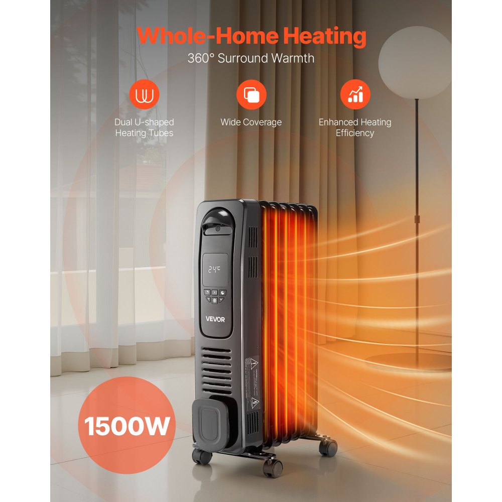 Vevor Electric Oil Filled Radiator 1500W LED Screen Thermostat Remote Control Black New