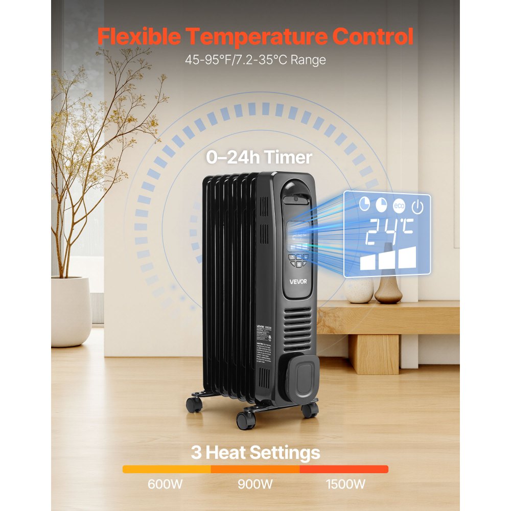 Vevor Electric Oil Filled Radiator 1500W LED Screen Thermostat Remote Control Black New