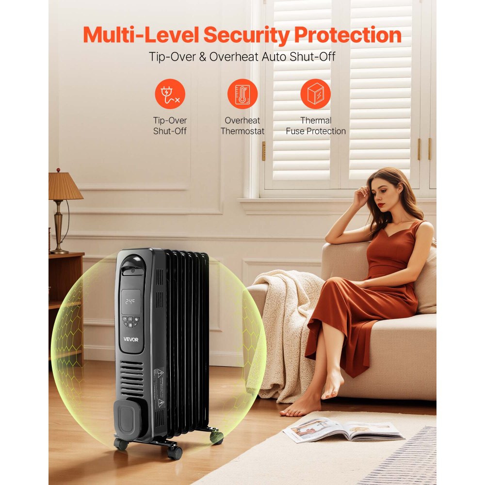 Vevor Electric Oil Filled Radiator 1500W LED Screen Thermostat Remote Control Black New