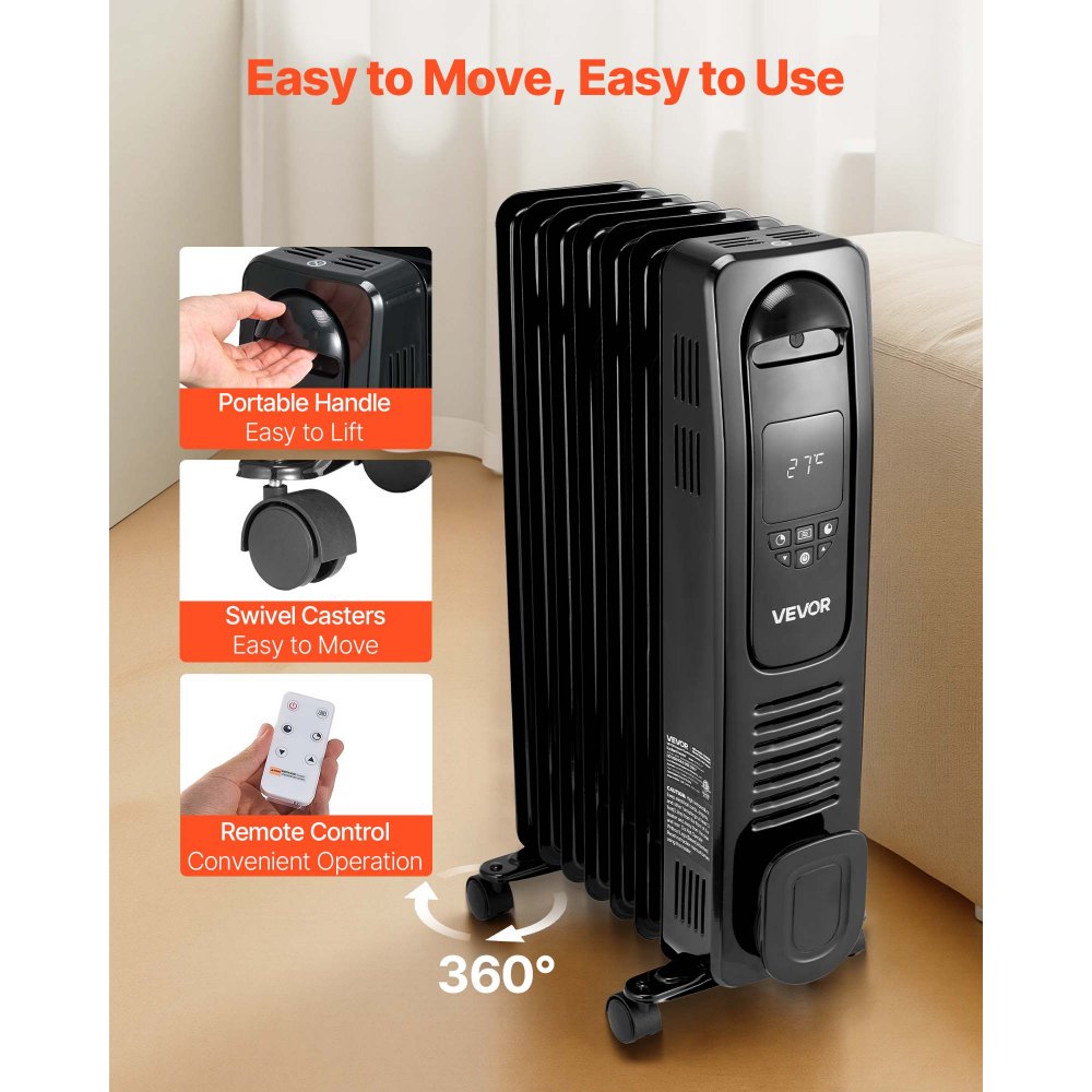 Vevor Electric Oil Filled Radiator 1500W LED Screen Thermostat Remote Control Black New