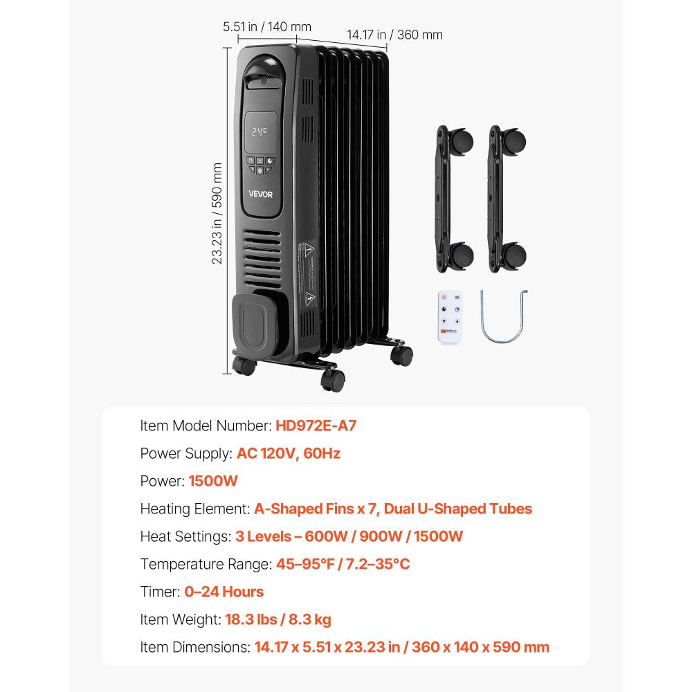 Vevor Electric Oil Filled Radiator 1500W LED Screen Thermostat Remote Control Black New