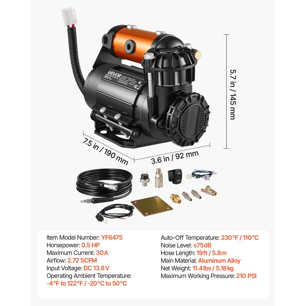 Vevor Air Compressor 12V Portable Tire Inflator 210 PSI Offroad Air Pump New
