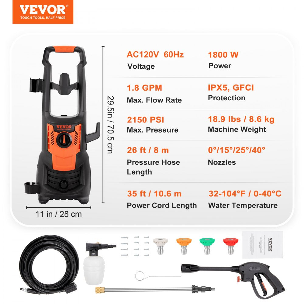 Vevor Electric Pressure Washer 2150 PSI 1.8 GPM 1800W Portable Power Washer New