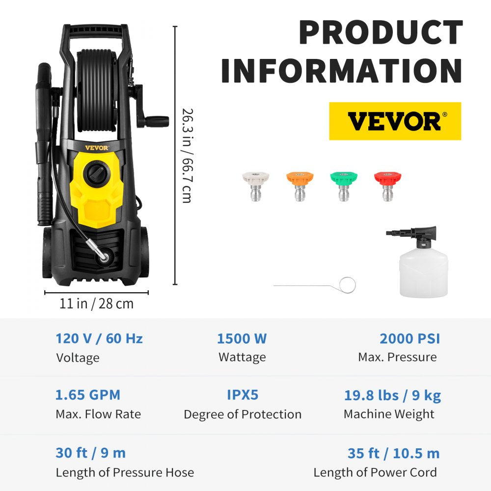 Vevor Pressure Washer Electric 2000 PSI 1.65 GPM with Hose Reel New