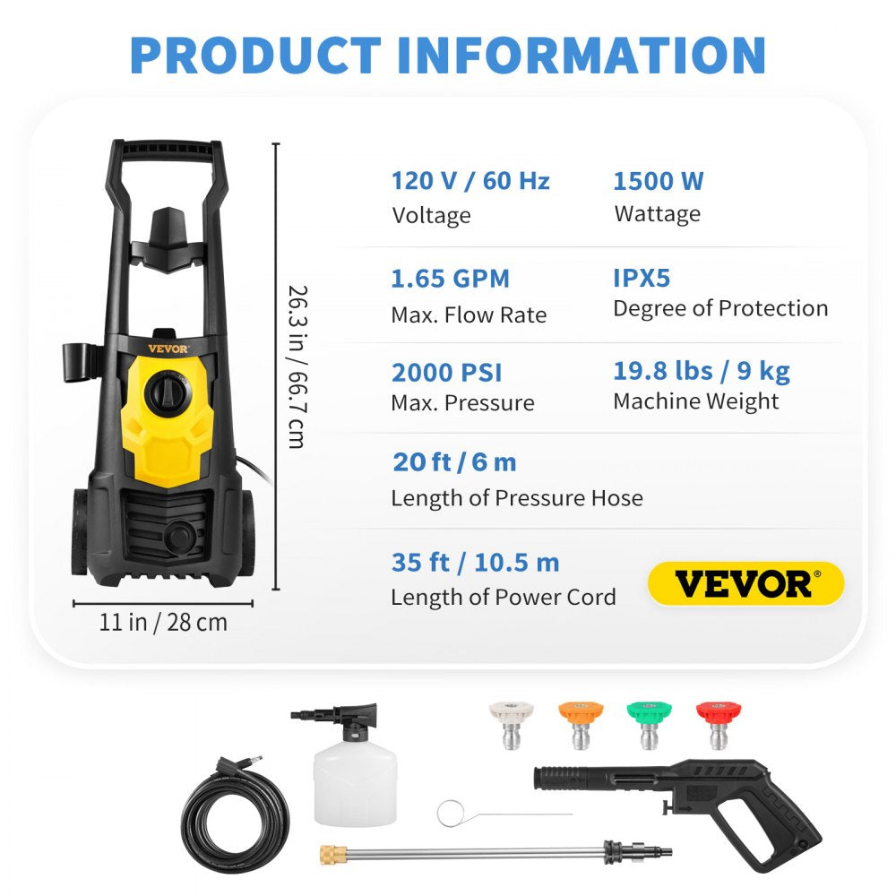 Vevor Pressure Washer 2000 PSI 1.65 GPM Electric Power Washer New