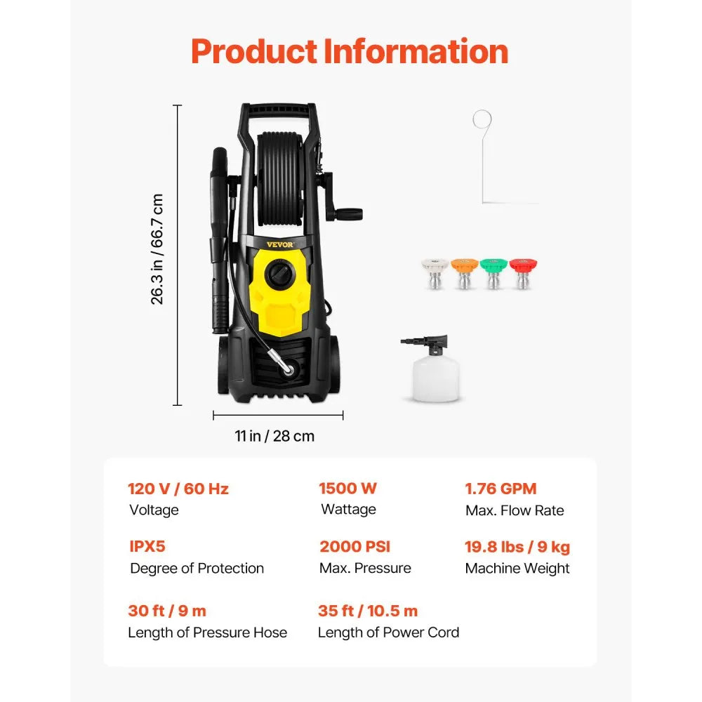 Vevor Pressure Washer 2000 PSI 1.76 GPM Electric Power Washer New