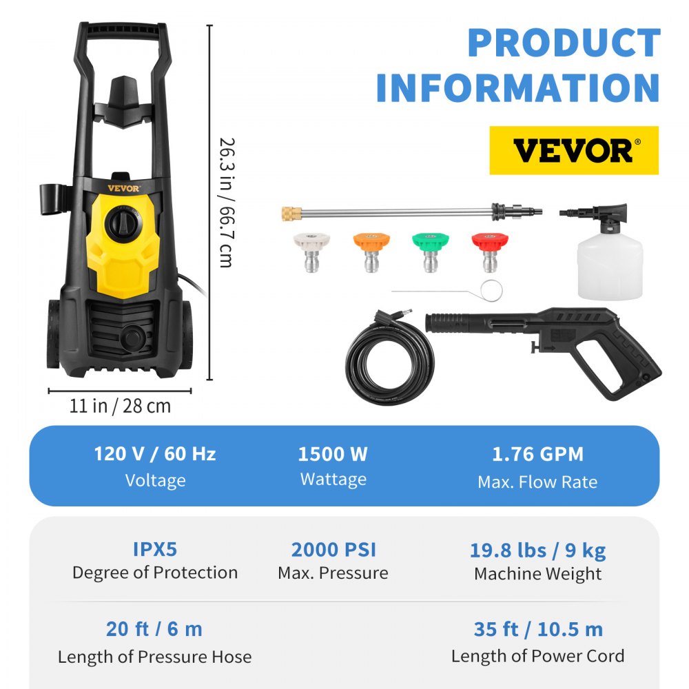Vevor Pressure Washer Electric 2000 PSI 1.76 GPM Portable Power Washer with 30' Hose Foam Cannon New